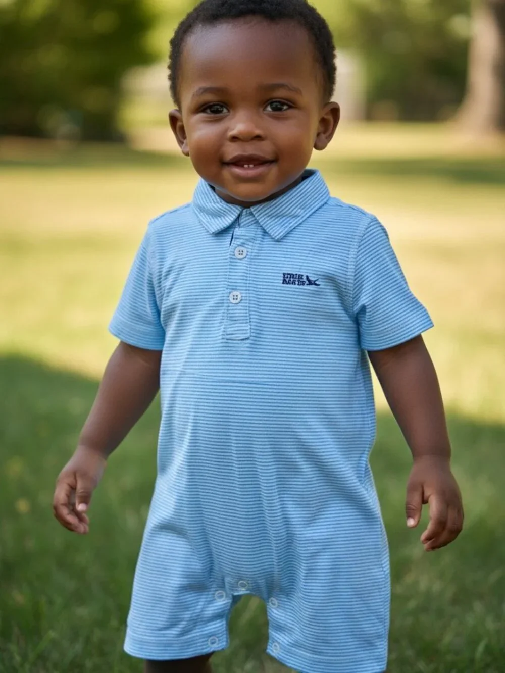 Eddie Bauer Baby Boys Blue Striped Polo Romper Size 18M